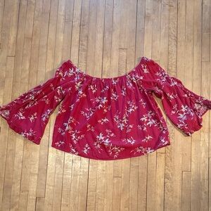 American Eagle Outfitters Red Floral Off-Shoulder Crop Top